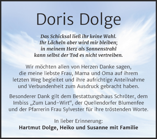 Traueranzeige von Doris Dolge von Trauerkombi Bitterfeld