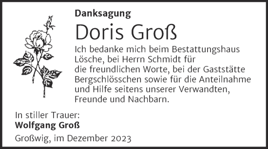 Traueranzeige von Doris Groß von Trauerkombi Wittenberg