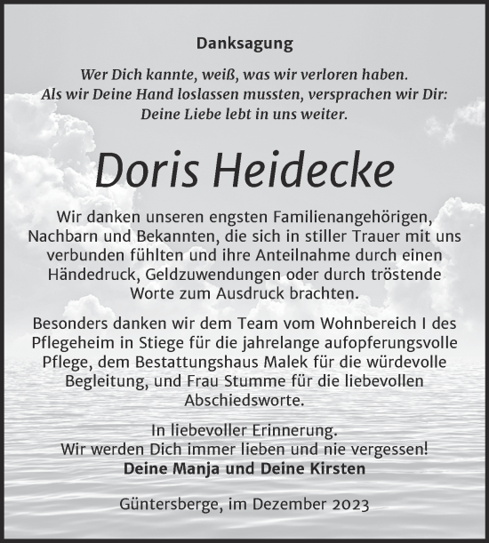 Traueranzeige von Doris Heidecke von Trauerkombi Quedlinburg