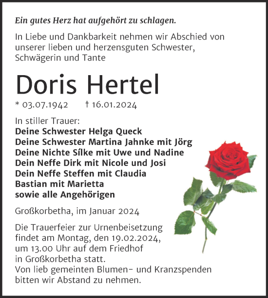Traueranzeige von Doris Hertel von Trauerkombi Weißenfels