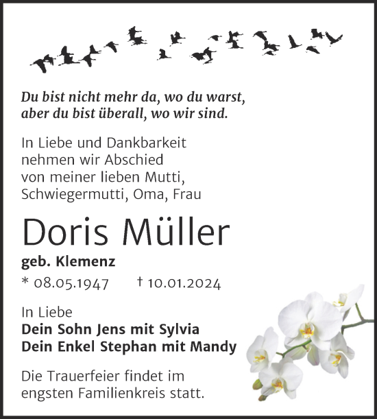 Traueranzeige von Doris Müller von Trauerkombi Weißenfels