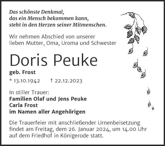 Traueranzeige von Doris Peuke von Trauerkombi Quedlinburg