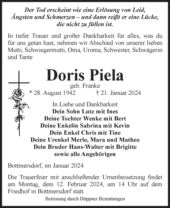 Traueranzeige von Doris Piela von Volksstimme Oschersleben/Wanzleben