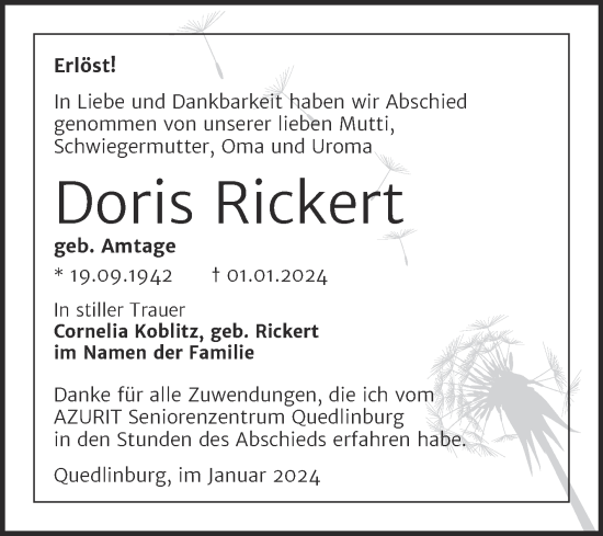 Traueranzeige von Doris Rickert von Trauerkombi Quedlinburg