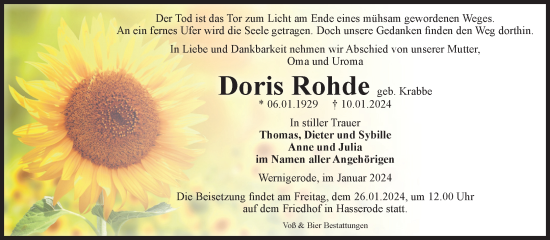 Traueranzeige von Doris Rohde von Volksstimme Wernigerode