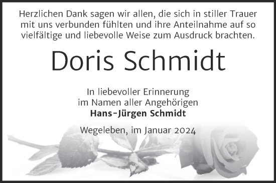 Traueranzeige von Doris Schmidt von Volksstimme Halberstadt