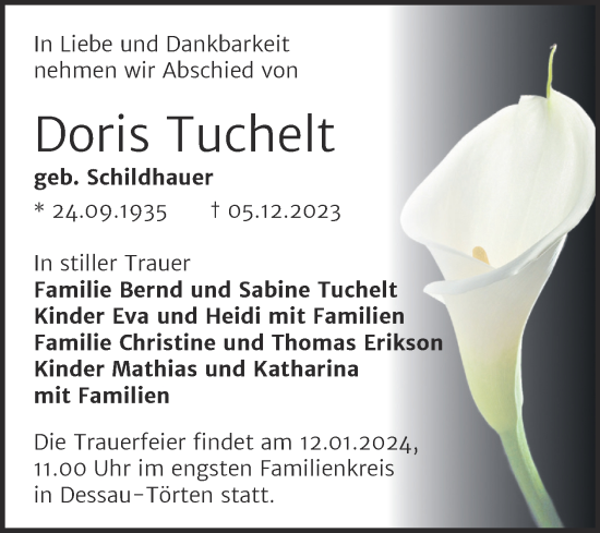 Traueranzeige von Doris Tuchelt von Trauerkombi Dessau