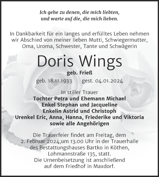 Traueranzeige von Doris Wings von Trauerkombi Köthen