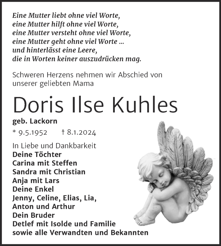  Traueranzeige für Doris Ilse Kuhles vom 17.01.2024 aus Wochenspiegel Weißenfels