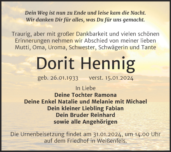 Traueranzeige von Dorit Hennig von Trauerkombi Weißenfels