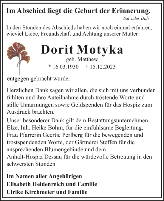 Traueranzeige von Dorit Motyka von Trauerkombi Dessau