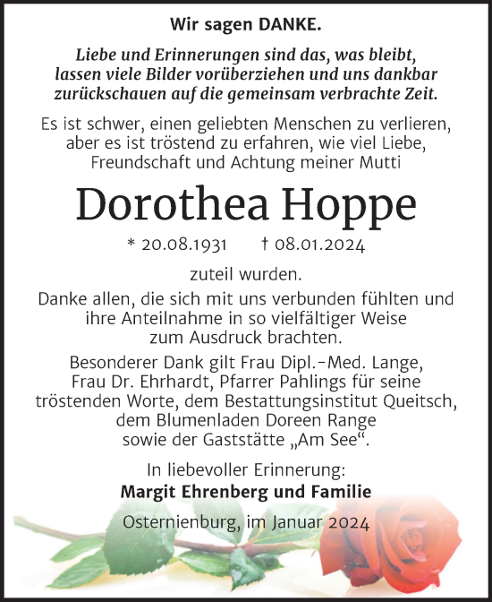 Traueranzeige von Dorothea Hoppe von Trauerkombi Köthen