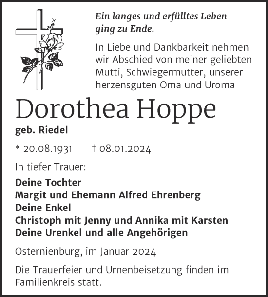 Traueranzeige von Dorothea Hoppe von Trauerkombi Köthen