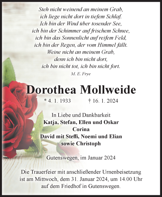 Traueranzeige von Dorothea Mollweide von Volksstimme Haldensleben/Wolmirstedt