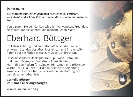 Traueranzeige von Eberhard Böttger von Trauerkombi Sangerhausen