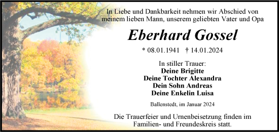 Traueranzeige von Eberhard Gossel von Trauerkombi Quedlinburg