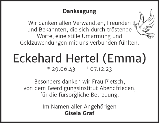 Traueranzeige von Eckehard Hertel von Wochenspiegel Naumburg/Nebra