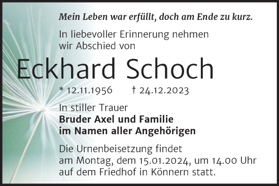 Traueranzeige von Eckhard Schoch von Trauerkombi Bernburg
