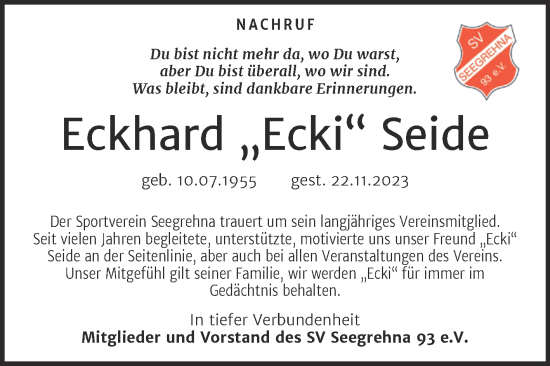 Traueranzeige von Eckhard Seide von Super Sonntag Wittenberg