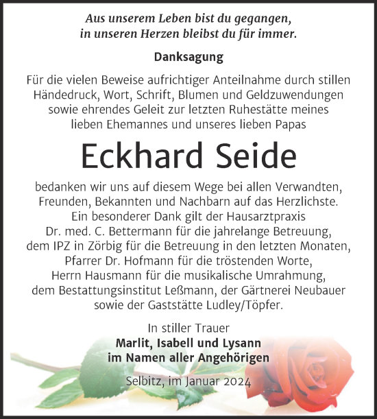 Traueranzeige von Eckhard Seide von Trauerkombi Wittenberg
