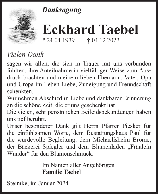 Traueranzeige von Eckhard Taebel von Volksstimme Altmark West