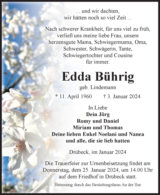 Traueranzeige von Edda Bührig von Volksstimme Wernigerode