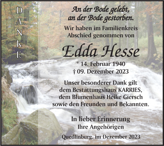 Traueranzeige von Edda Hesse von Trauerkombi Quedlinburg