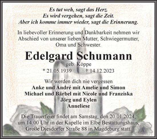 Traueranzeige von Edelgard Schumann von Volksstimme Magdeburg