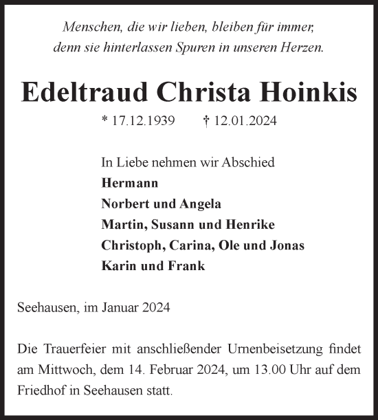 Traueranzeige von Edeltraud Christa Hoinkis von Volksstimme Altmark Ost