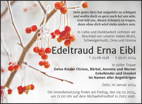 Traueranzeige von Edeltraud Erna Eibl von Trauerkombi Zeitz
