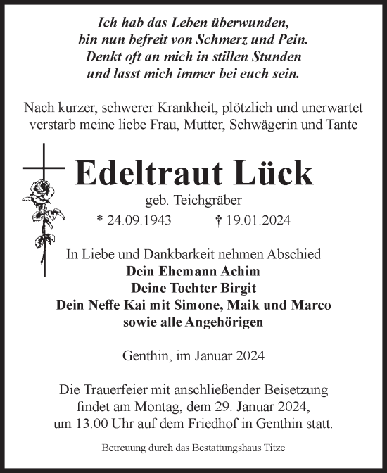 Traueranzeige von Edeltraut Lück von Volksstimme Burg/Genthin