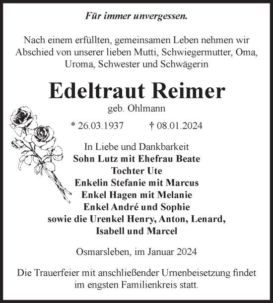 Traueranzeige von Edeltraut Reimer von Volksstimme Staßfurt