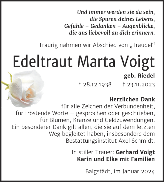 Traueranzeige von Edeltraut Marta Voigt von Naumburger Tageblatt