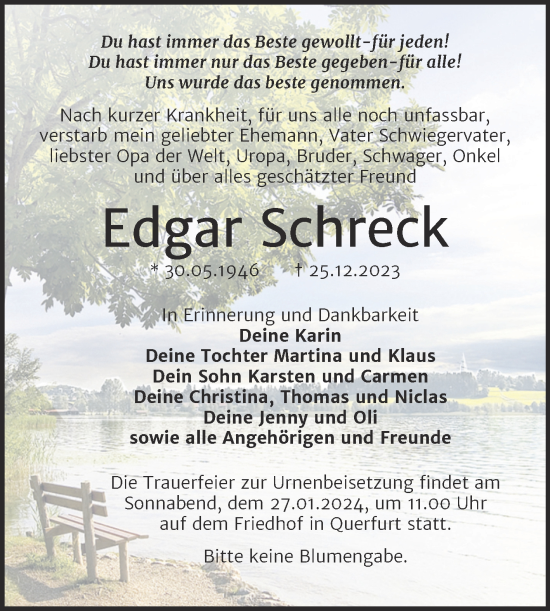 Traueranzeige von Edgar Schreck von Trauerkombi Merseburg