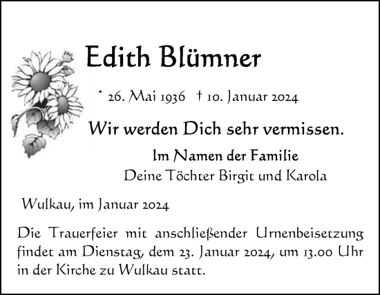 Traueranzeige von Edith Blümner von Volksstimme Altmark Ost