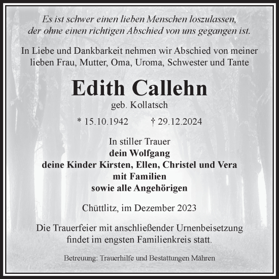 Traueranzeige von Edith Callehn von Volksstimme Altmark West