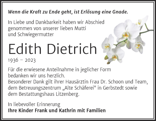 Traueranzeige von Edith Dietrich von Trauerkombi Mansfelder Land