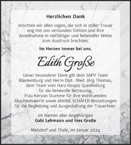 Traueranzeige von Edith Große von Trauerkombi Quedlinburg
