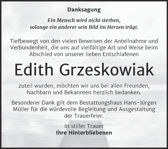 Traueranzeige von Edith Grzeskowiak von Trauerkombi Aschersleben