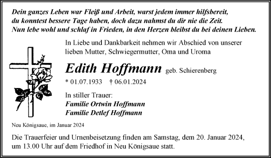 Traueranzeige von Edith Hoffmann von Trauerkombi Aschersleben