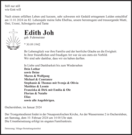 Traueranzeige von Edith Joh von Volksstimme Oschersleben/Wanzleben
