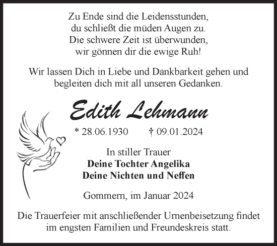 Traueranzeige von Edith Lehmann von Volksstimme Burg/Genthin