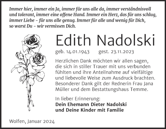Traueranzeige von Edith Nadolski von Trauerkombi Bitterfeld