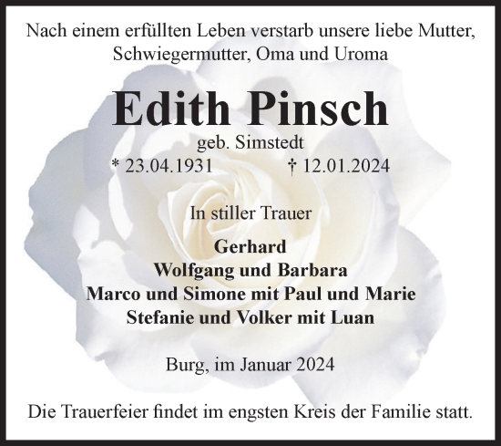 Traueranzeige von Edith Pinsch von Volksstimme Burg/Genthin