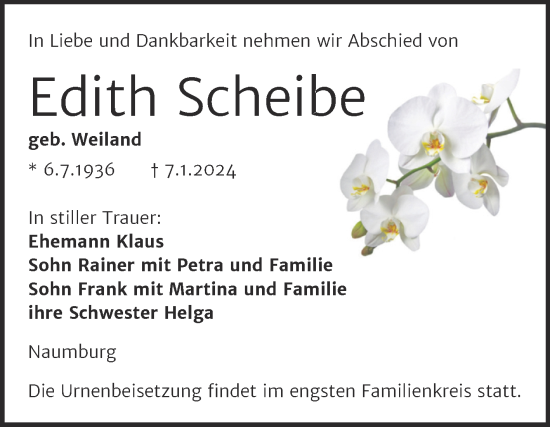 Traueranzeige von Edith Scheibe von Naumburger Tageblatt