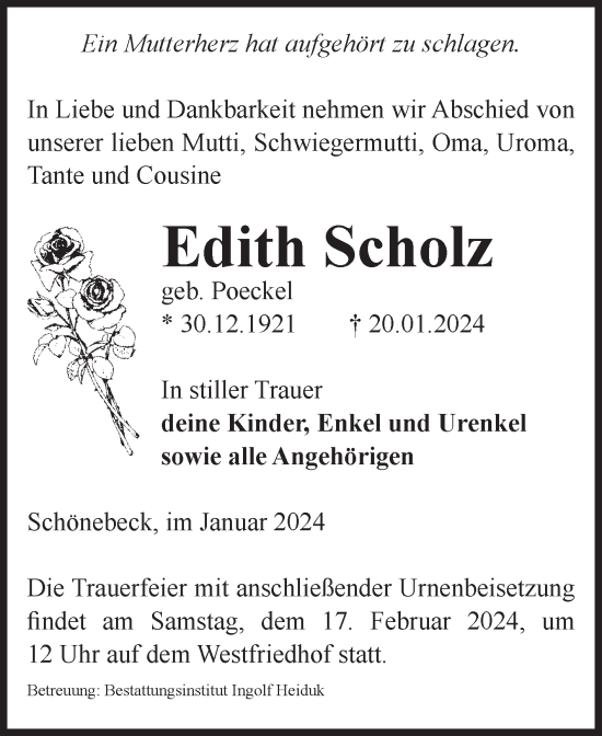 Traueranzeige von Edith Scholz von Volksstimme Schönebeck