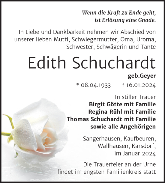 Traueranzeige von Edith Schuchardt von Trauerkombi Sangerhausen