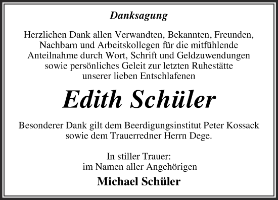 Traueranzeige von Edith Schüler von Trauerkombi Dessau