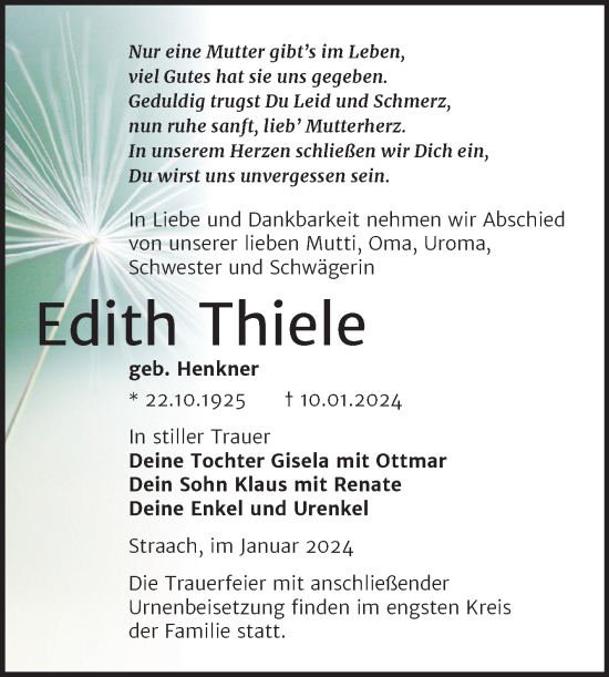 Traueranzeige von Edith Thiele von Trauerkombi Wittenberg