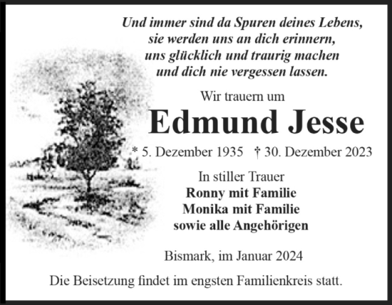 Traueranzeige von Edmund Jesse von Volksstimme Altmark Ost